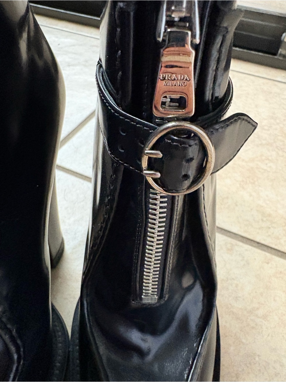 Prada Black Patent Leather Zip & Buckle Ankle Boots - Picture 7 of 9